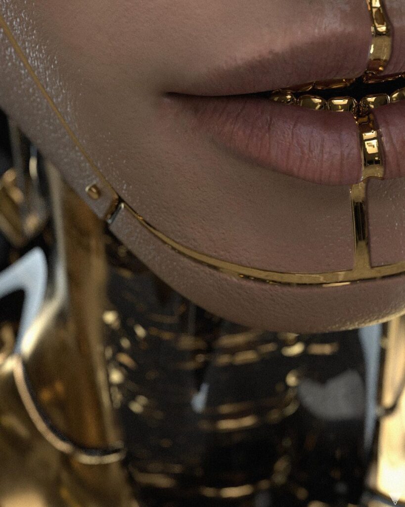 Digital femminine avatar lips, with implated golden cybernetics