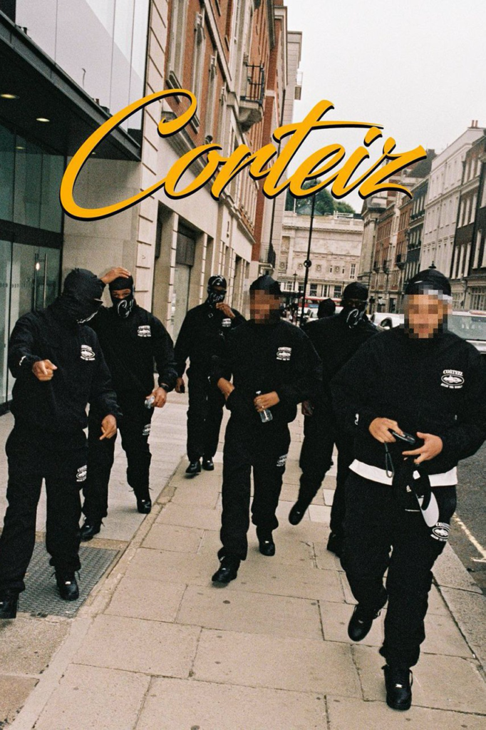 Corteiz advertising showing a group of black dressed men in the street